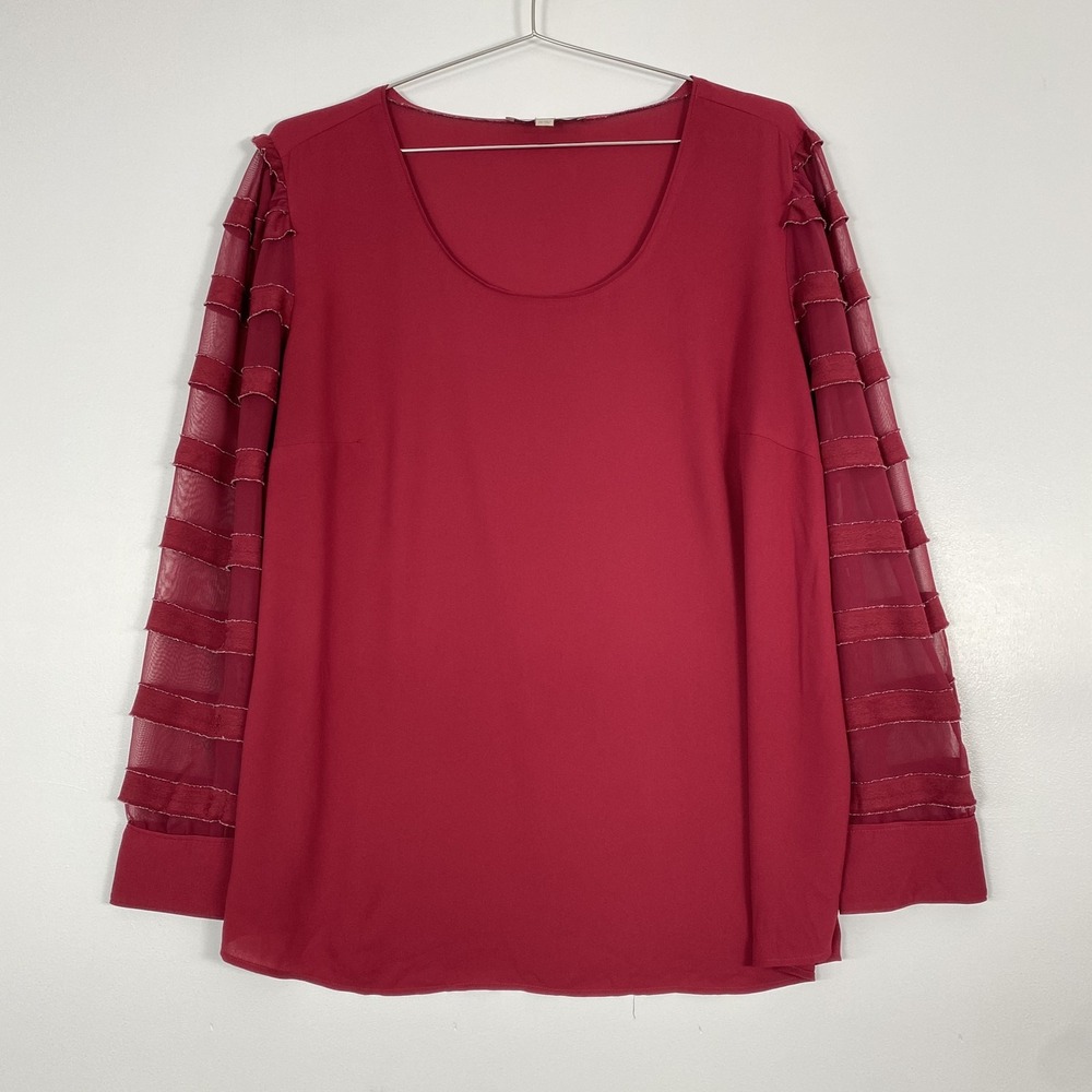 LOFT Blouse Womens 20 Plus Red Sheer Ruffle‎ Sleeve Scoop Neck Tunic Top Boho